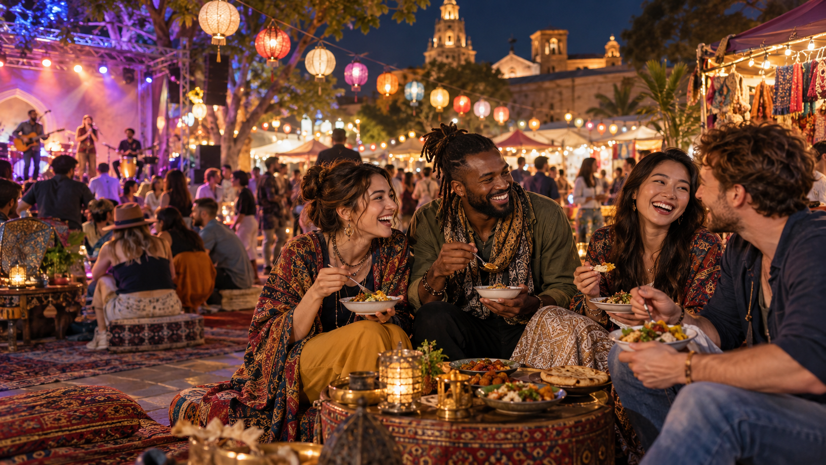 Fictional diverse adult friends sharing food and conversation at an open-air cultural festival