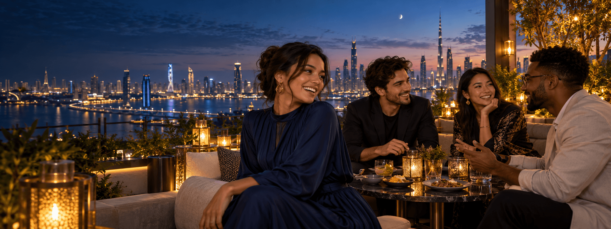 Four fictional adult friends sharing a warm rooftop evening above a global city