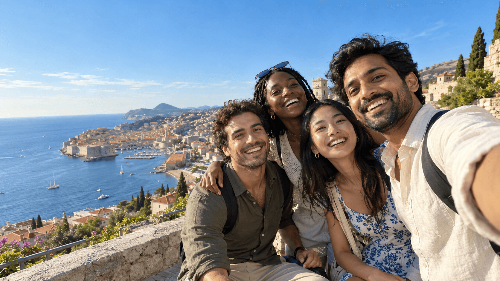 Four fictional adult friends sharing a sunlit coastal travel moment
